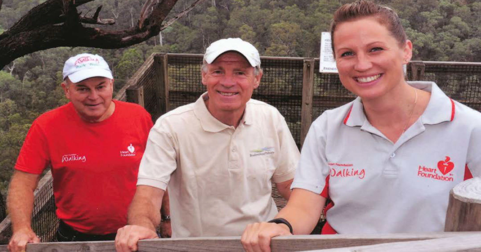 Jim Stranger (left) with Joe van Beek, Friends of Tyers Park member, and Stacey Podmore, Health Promotion Officer Latrobe Community Health Services, on a reconnaissance for a Heart Foundation Park Walk at Petersons Lookout within the Tyers Park.